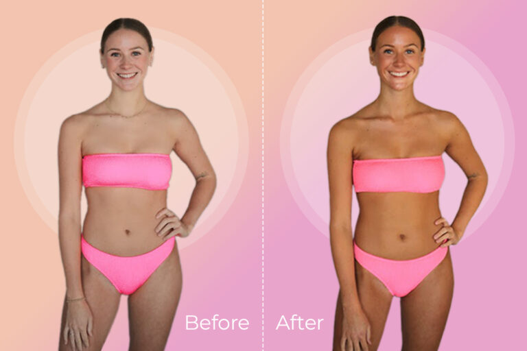 Before and after spray tan picture of a woman in a pink bikini.