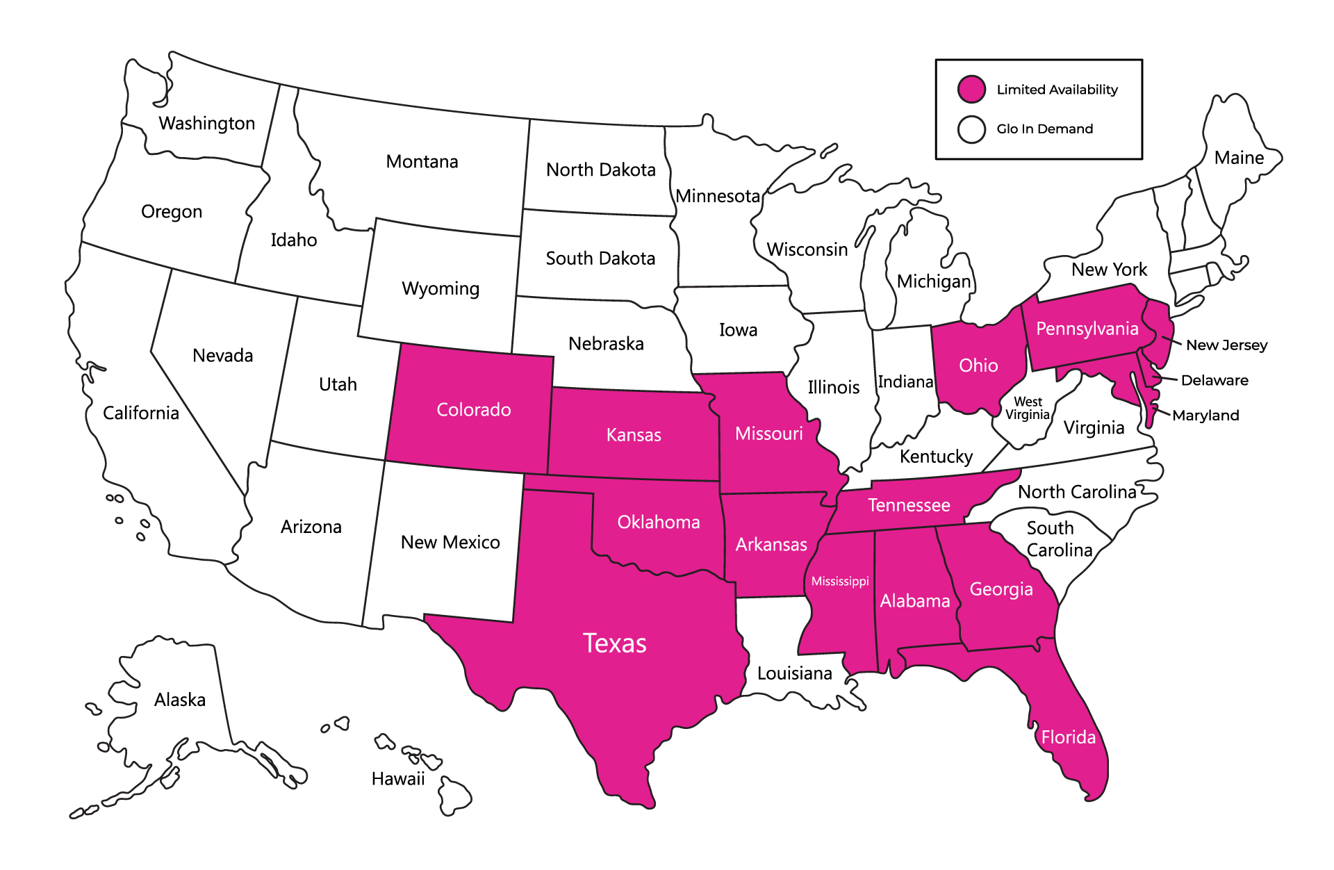 Map of the U.S. with states marked in pink for limited availability of glo tanning services.